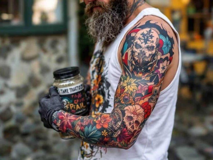 Man with colorful sleeve tattoos holding a jar, wearing a white tank top and gloves, outdoors.
