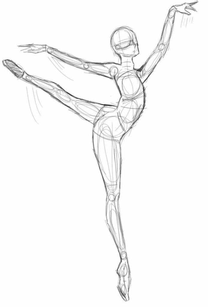 Sketch of a ballet dancer in an elegant pose, showing detailed movement and form.