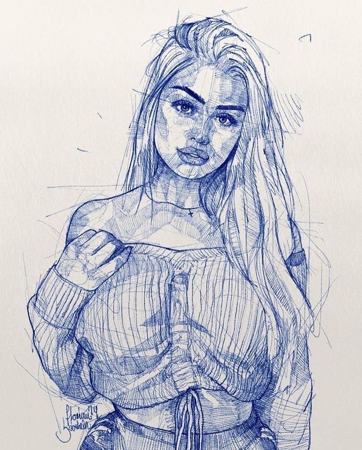 Sketch of a woman with long hair and a sweater, drawn in blue ink.