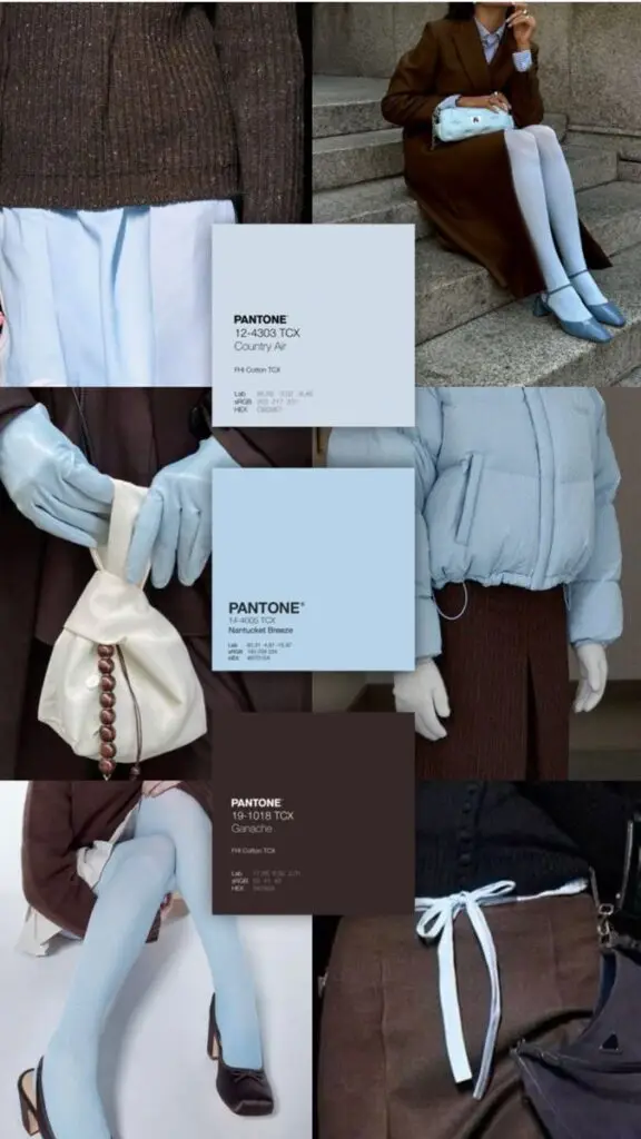 Fashion collage with Pantone colors: Country Air, Nantucket Breeze, Ganache. Brown and blue outfit details.