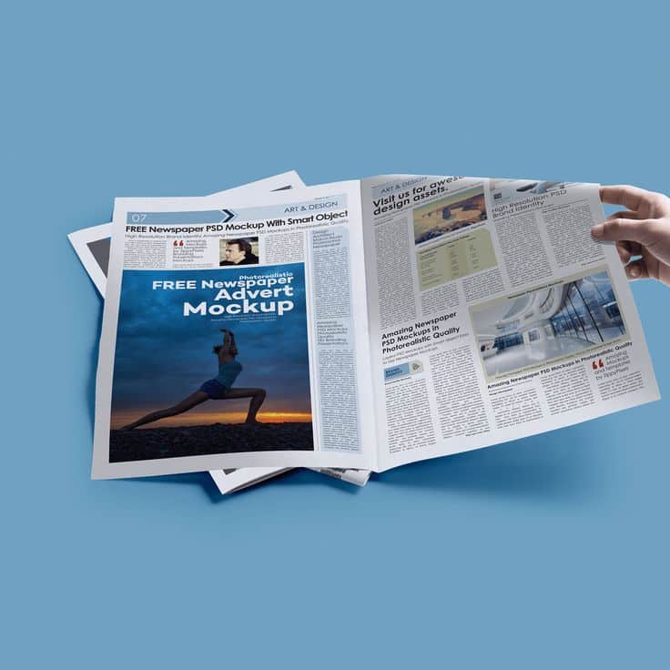 Photorealistic newspaper advert mockup showcasing a person doing yoga at sunrise with multiple design elements.