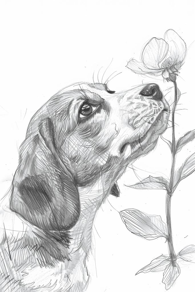 25 Playful Pet Sketches - Brighter Craft Drawing of a dog sniffing a flower, showcasing detailed pencil art with a peaceful, natural theme. | Sky Rye Design Drawing of a dog sniffing a flower, showcasing detailed pencil art with a peaceful, natural theme.