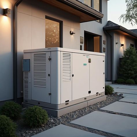 Outdoor home generator installed beside modern house with landscape, ensuring seamless power backup.