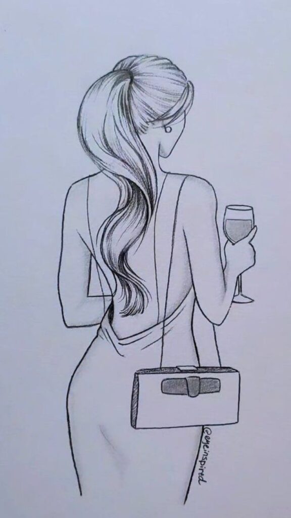 Elegant woman in a dress holding a wine glass, pencil sketch illustration.