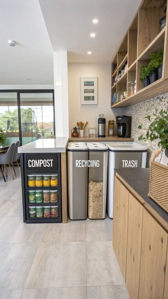 Kitchen with compost, recycling, and trash bins, modern design with organized storage and indoor plants.