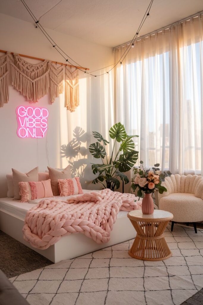 29 Vibey Apartment Decor Ideas for the Ultimate 2025 Glow-Up ✨ Cozy bedroom with pink decor, neon sign Good Vibes Only, plants, and soft lighting. Bohemian style and serenity. | Sky Rye Design Cozy bedroom with pink decor, neon sign Good Vibes Only, plants, and soft lighting. Bohemian style and serenity.