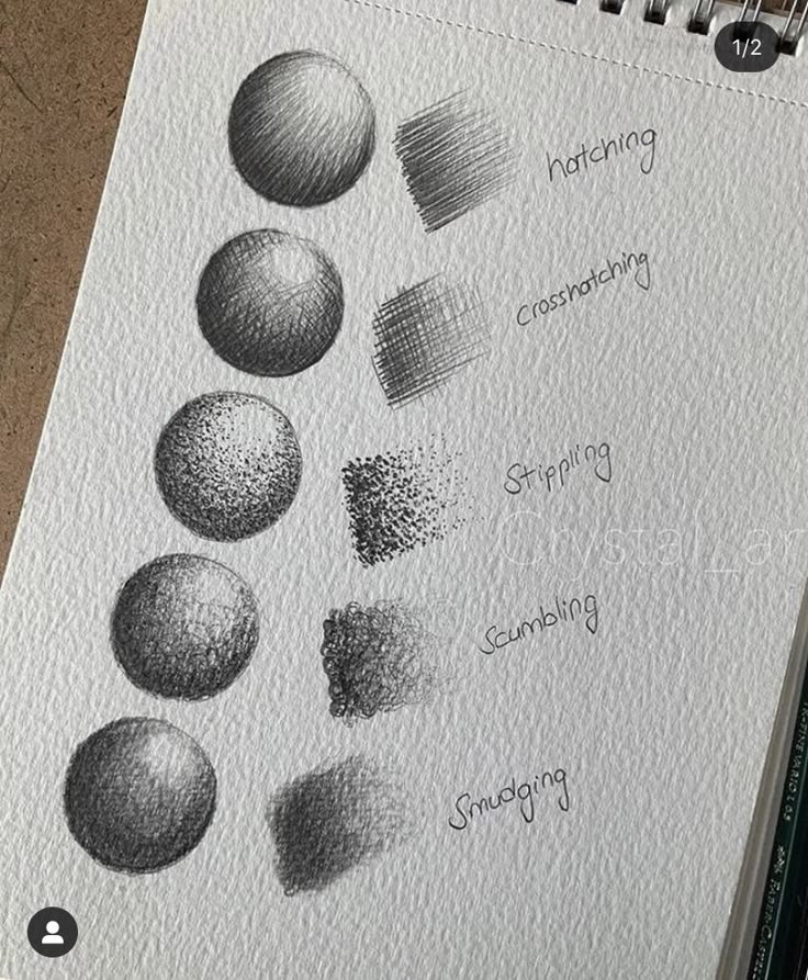 Drawing techniques: hatching, crosshatching, stippling, scumbling, smudging on a sketchbook page.