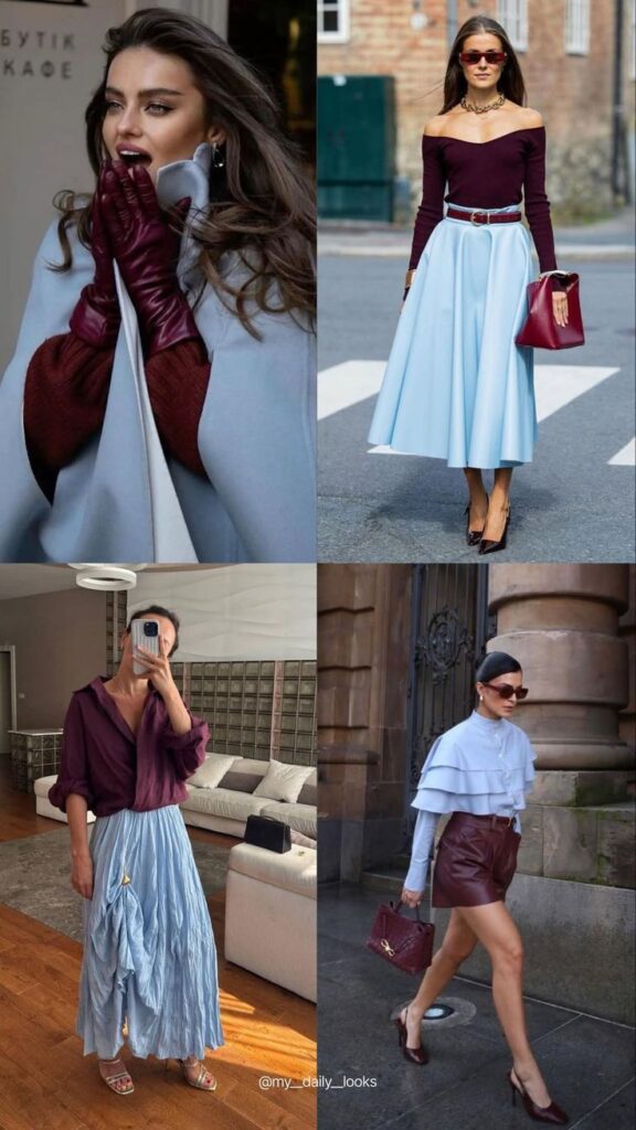 Fashionable outfits with blue and burgundy tones; showcasing skirts, tops, and accessories for chic street style.