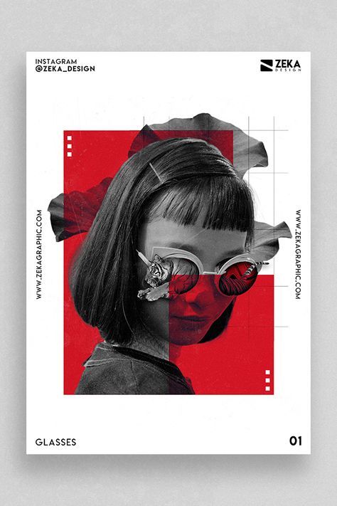 Creative portrait of woman with dark hair and sunglasses, featuring bold red and black graphic elements.