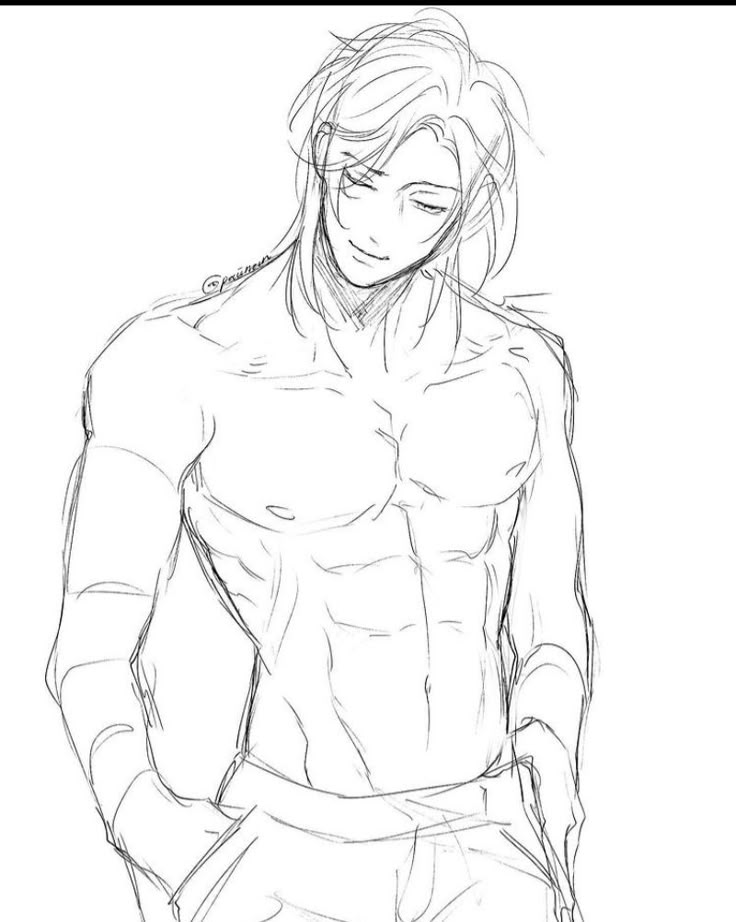 Sketch of a muscular man with long hair and hands in pockets, showcasing defined abs and relaxed expression.