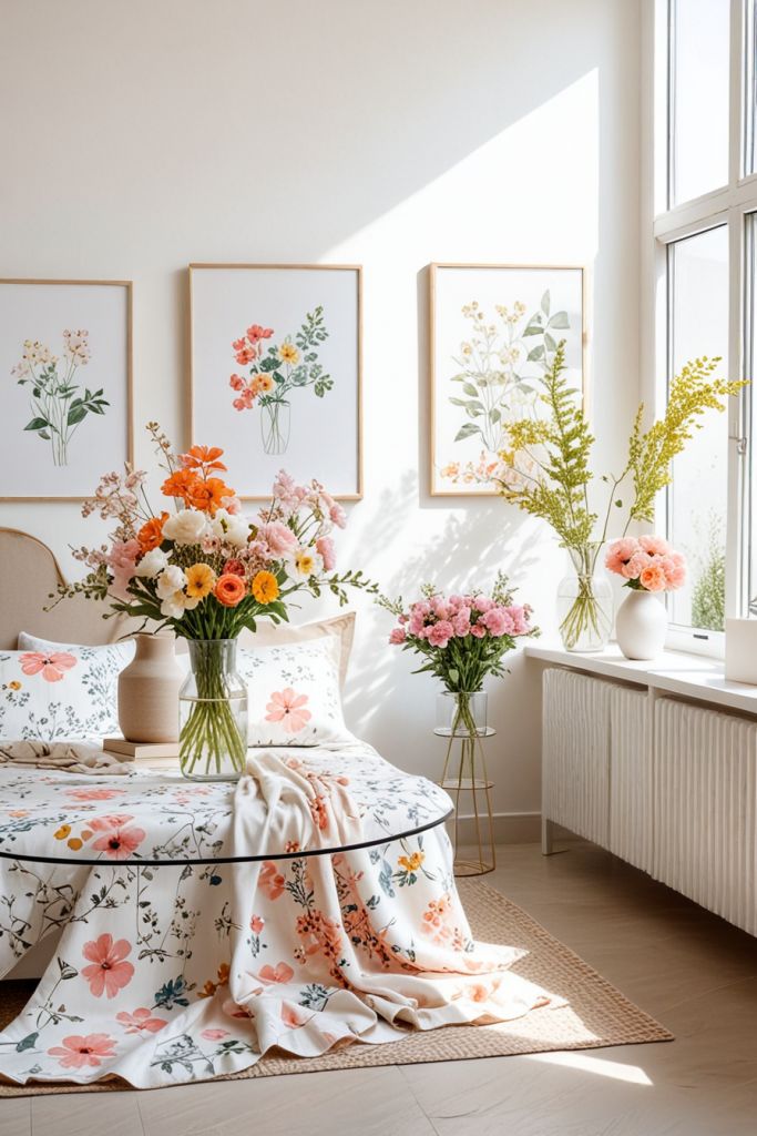 Floral-themed bedroom with vibrant bouquets, patterned bedspread, and framed botanical prints on sunlit walls.