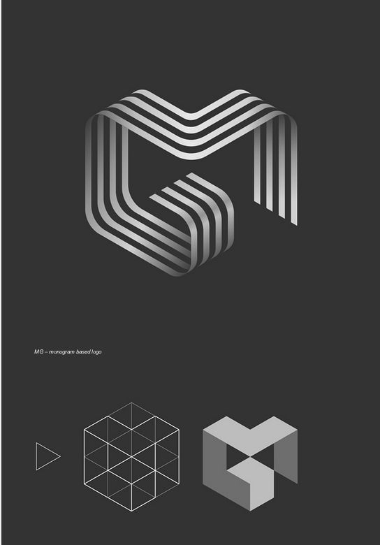 3D geometric monogram logo design with silver stripes on a dark background, showcasing modern and abstract elements.