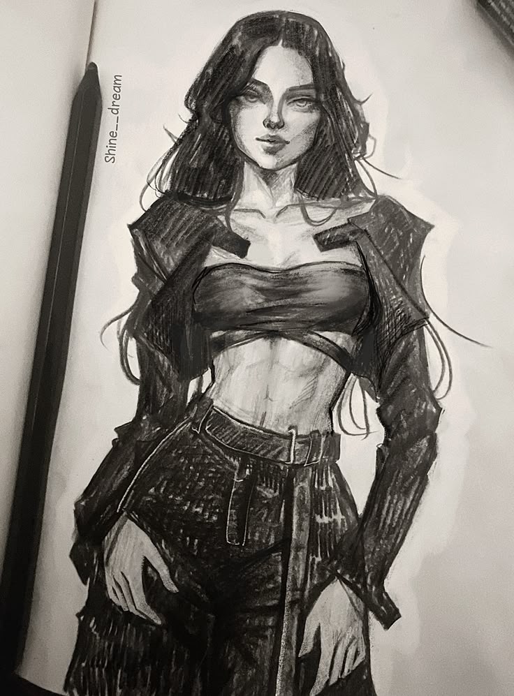 Pencil sketch of a stylish woman in a crop top and jacket, showcasing detailed shading and bold lines.