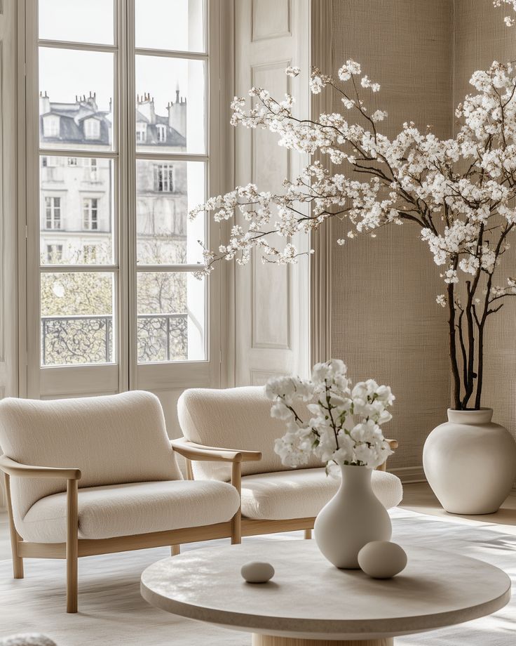 Modern living room with white chairs, cherry blossoms, and large window offering a Parisian street view.