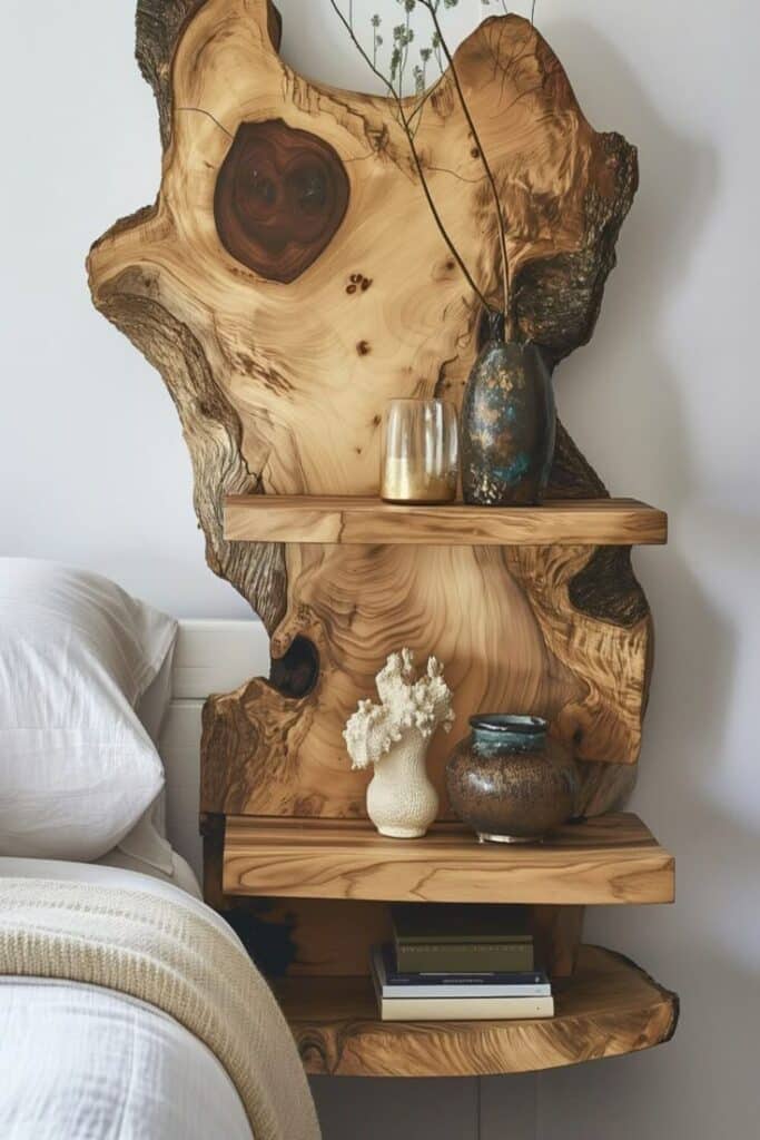 Rustic wooden headboard with shelves and decorative vases, adding charm to a cozy bedroom setting.