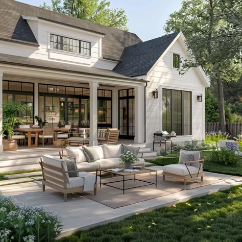Modern house exterior with a stylish patio, outdoor furniture, and lush garden, perfect for relaxation and gatherings.