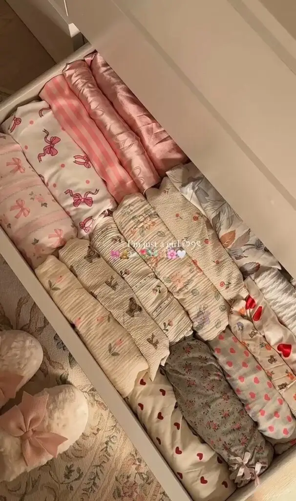 Neatly organized drawer of colorful baby clothes and cozy slippers, showcasing floral and heart patterns.