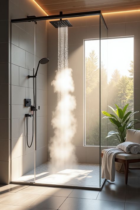 Modern glass shower with rainfall showerhead, natural light, and plants for a spa-like bathroom atmosphere.