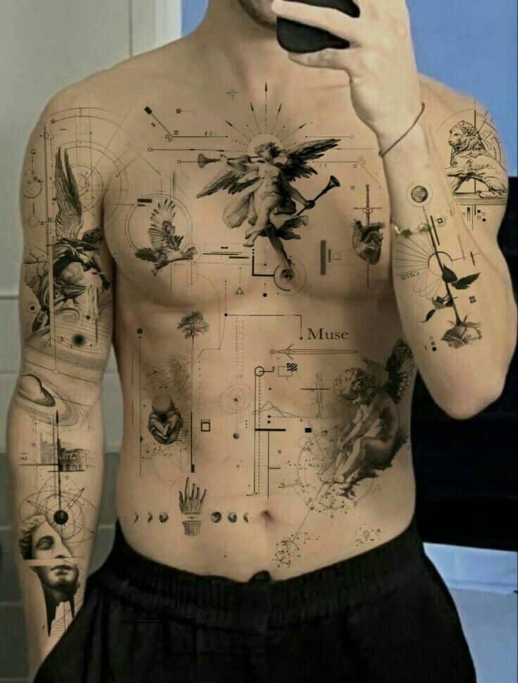 _ 46 Man with intricate geometric and artistic tattoos on chest and arms, featuring angels, symbols, and abstract designs. | Sky Rye Design Man with intricate geometric and artistic tattoos on chest and arms, featuring angels, symbols, and abstract designs.