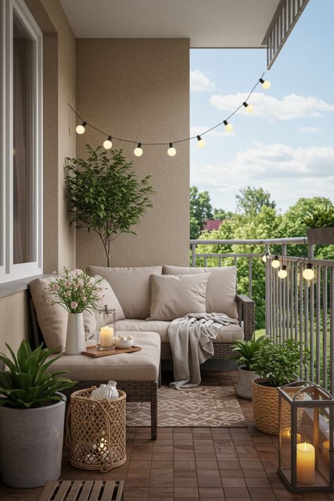 4a48ae741885363c5163b147c67c5134 Cozy balcony with string lights, potted plants, candles, and a comfortable seating area for relaxing and enjoying the view. | Sky Rye Design Cozy balcony with string lights, potted plants, candles, and a comfortable seating area for relaxing and enjoying the view.
