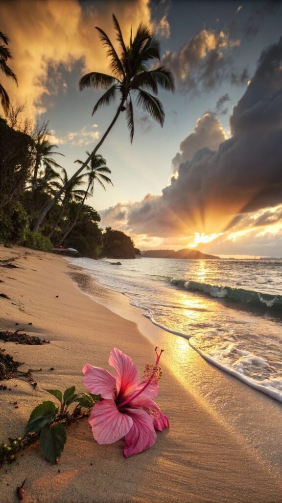 Sunset beach scene with pink hibiscus and palm trees, golden light reflecting on ocean waves and sand.