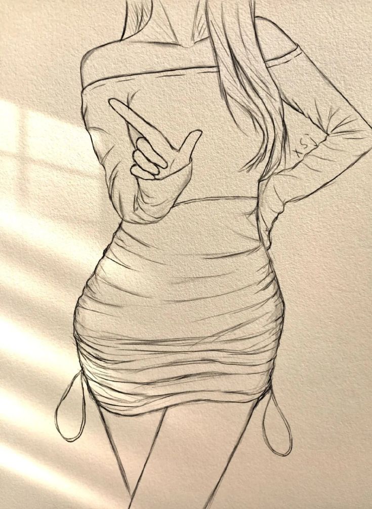 Sketch of a woman in a form-fitting dress, striking a playful pose with her hand pointing.