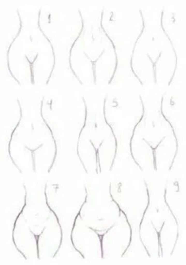 Illustration of nine different female body shapes, front view, focusing on waist and hip variations.