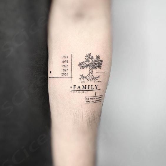 Tattoo of a family tree on an arm with significant years and Family text, symbolizing heritage and love.