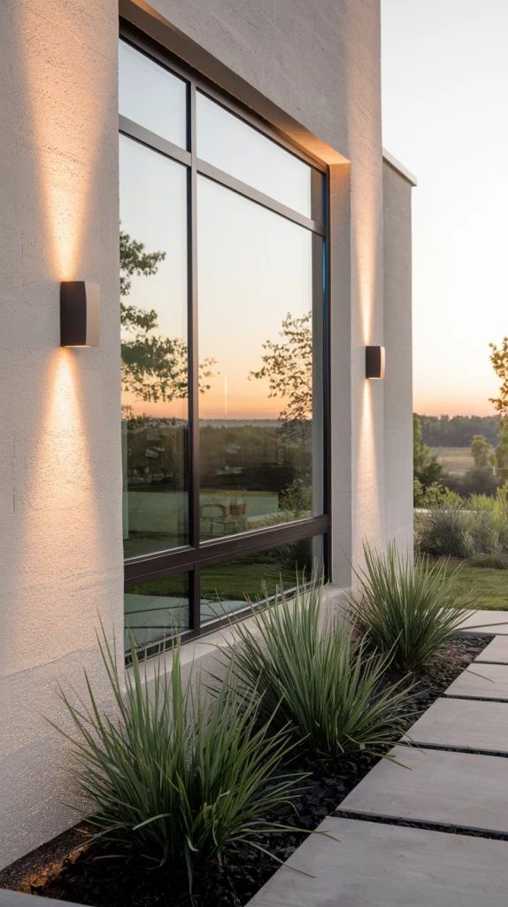 Modern house exterior with large window, evening lighting, and landscaped plants in foreground.