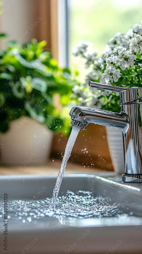 Modern faucet with running water in a kitchen sink, surrounded by lush green plants and white flowers in pots.