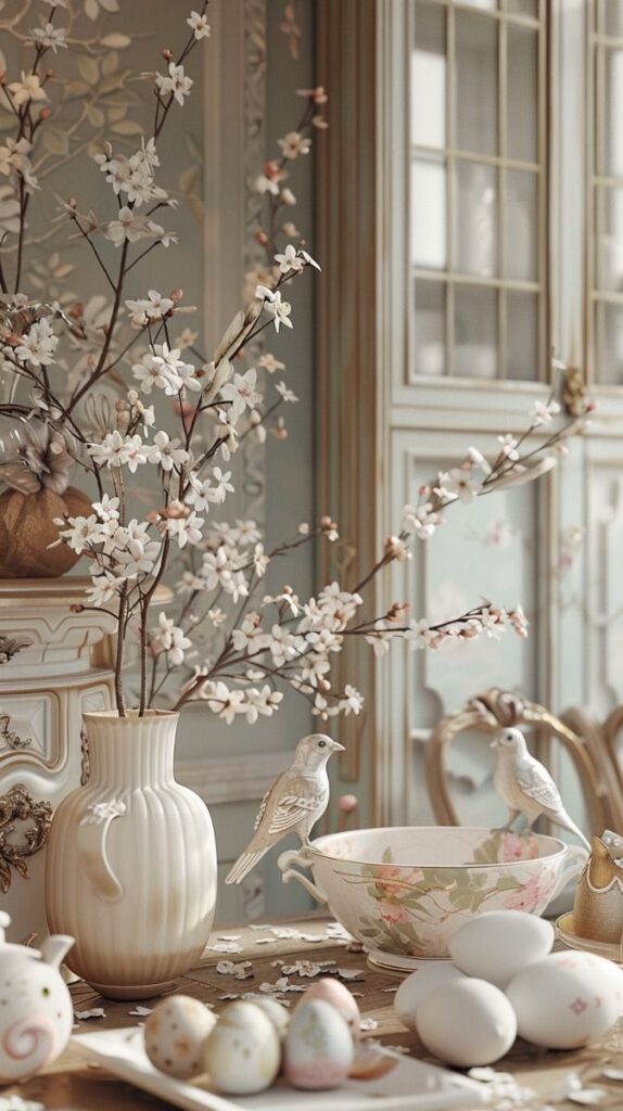 Elegant spring decor with cherry blossoms in a vase, decorative birds, eggs, and floral dishware on a wooden table.