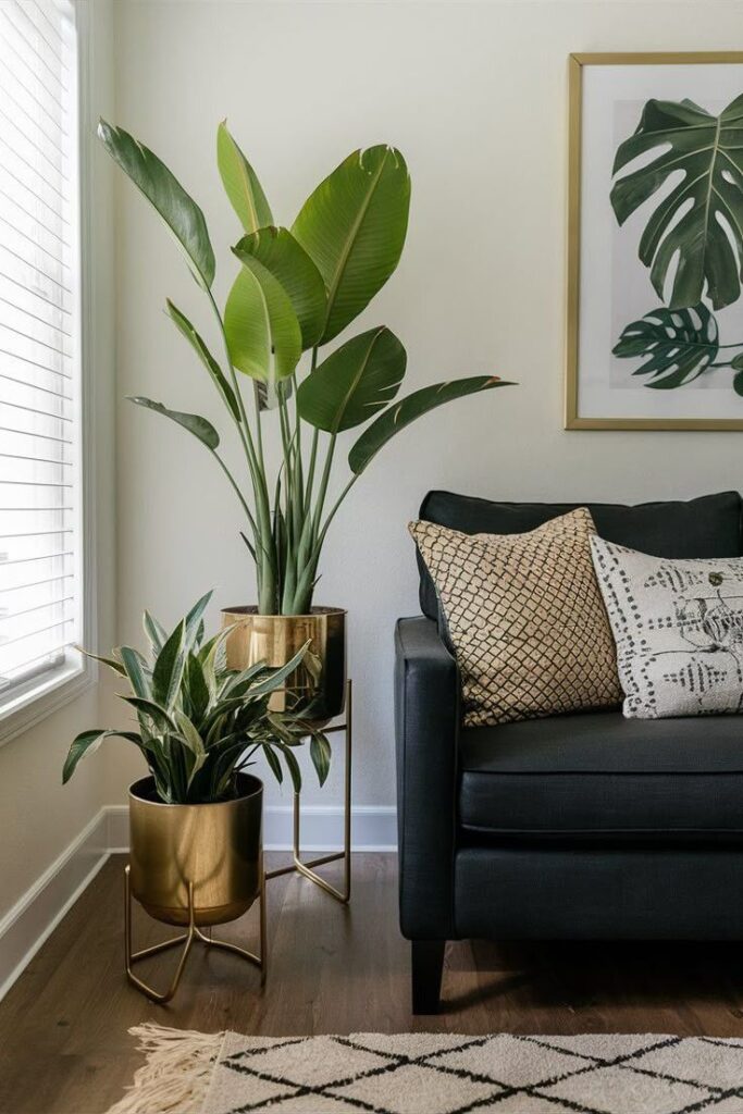 Modern living room with green plants in gold pots, stylish black sofa, and decorative cushions for a cozy touch.