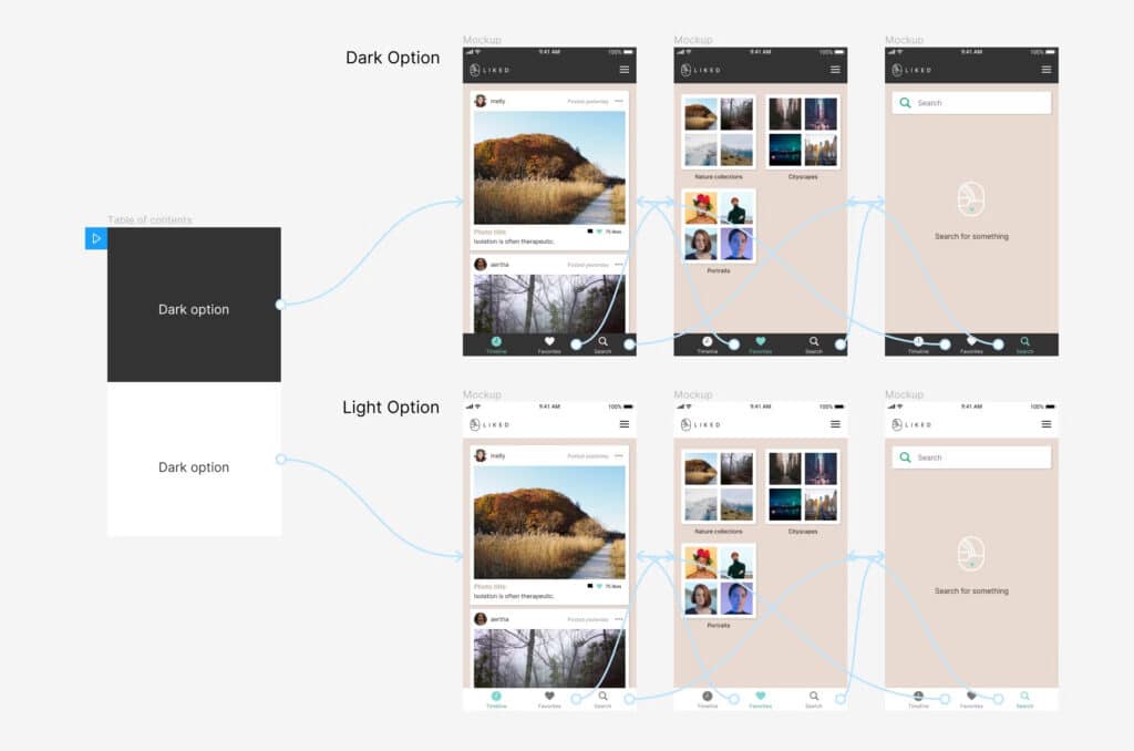 Mobile app interface design showcasing dark and light themes with navigation flow, featuring photo and search options.