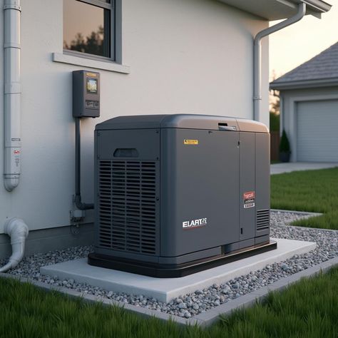 Standby home generator installed outdoors, providing reliable backup power on a concrete pad next to a house.