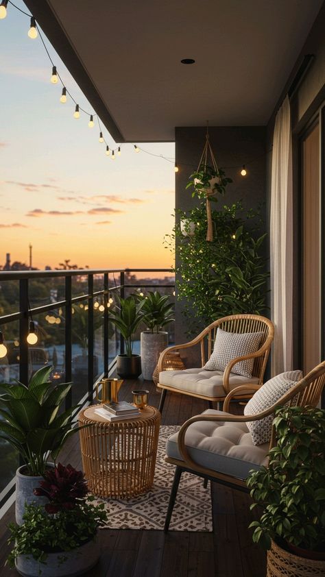 Cozy balcony with wicker furniture, lush plants, and string lights at sunset, creating a serene and inviting atmosphere.