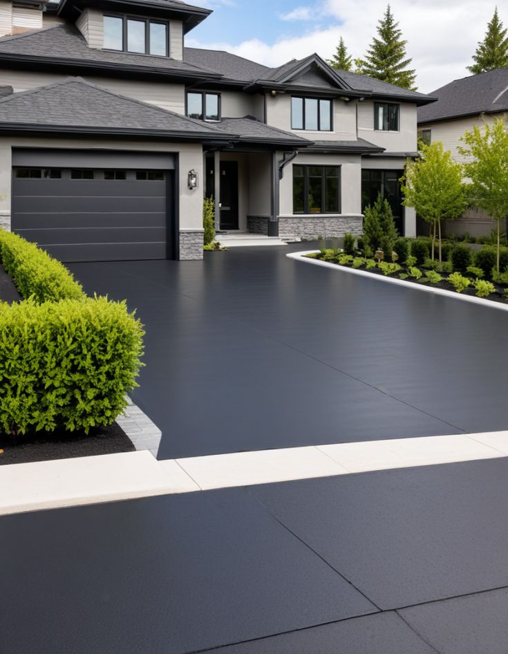 Modern house with sleek black driveway, surrounded by lush greenery and neatly landscaped front yard.