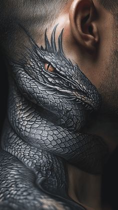 Detailed dragon tattoo wraps around neck and head, showcasing intricate scales and a fierce eye.
