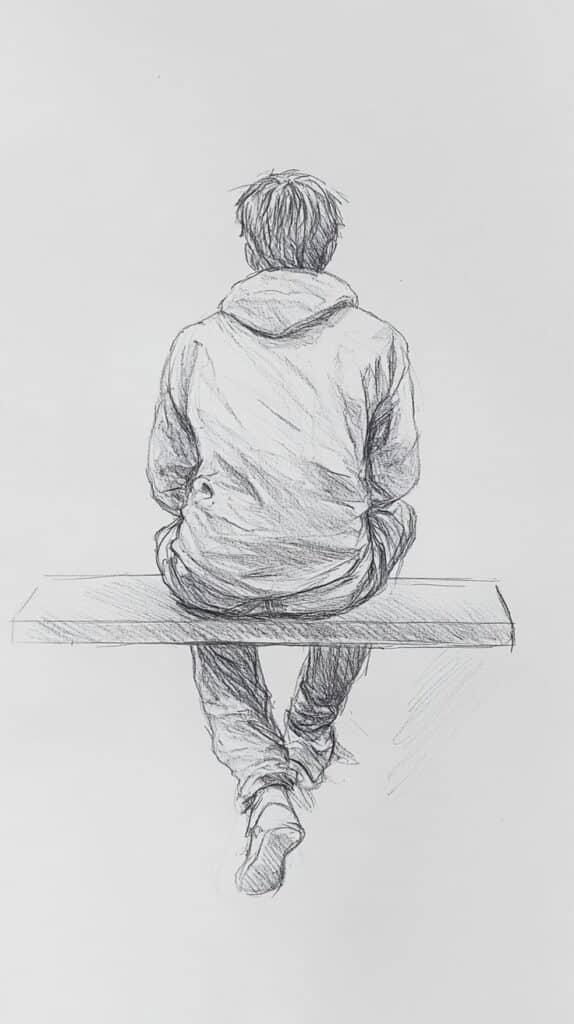 Pencil sketch of a person in a hoodie sitting on a bench, viewed from behind. Minimalist and artistic illustration.