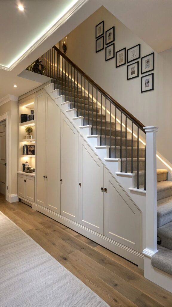Elegant staircase with under-stair storage cabinets and LED lighting, enhancing modern home interiors.