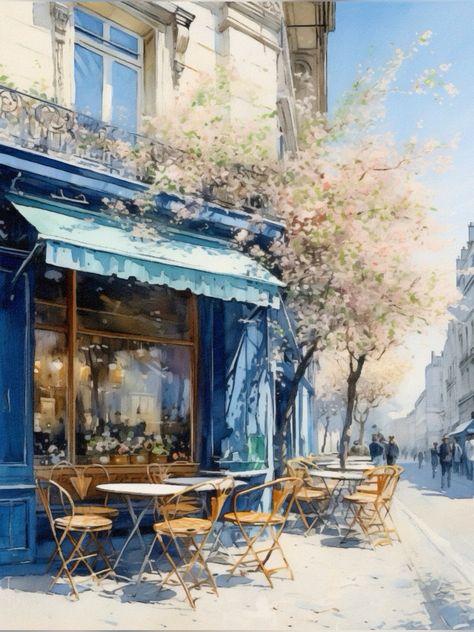 Quaint Parisian café with blue awning and outdoor seating, surrounded by cherry blossoms on a sunny street.