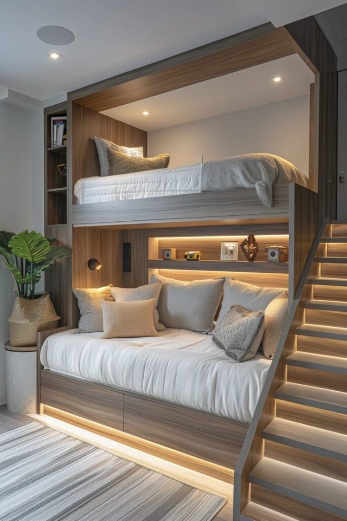 Modern loft-style bunk bed with cozy lighting, wooden frame, and decorative pillows in a stylish bedroom setting.