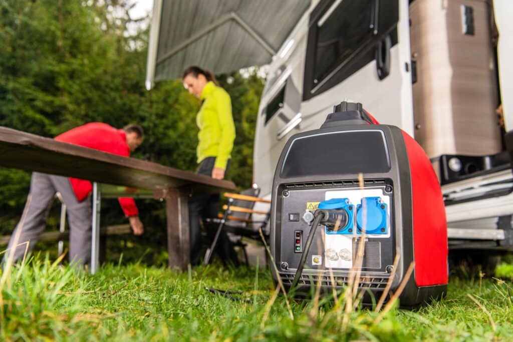 Portable generator powering a camper van with two people setting up outdoors in a lush green forest campsite.