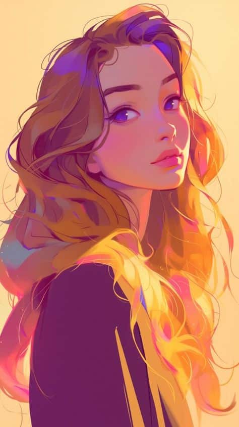 Colorful digital artwork of a woman with flowing hair, bathed in warm and vibrant light against a soft background.