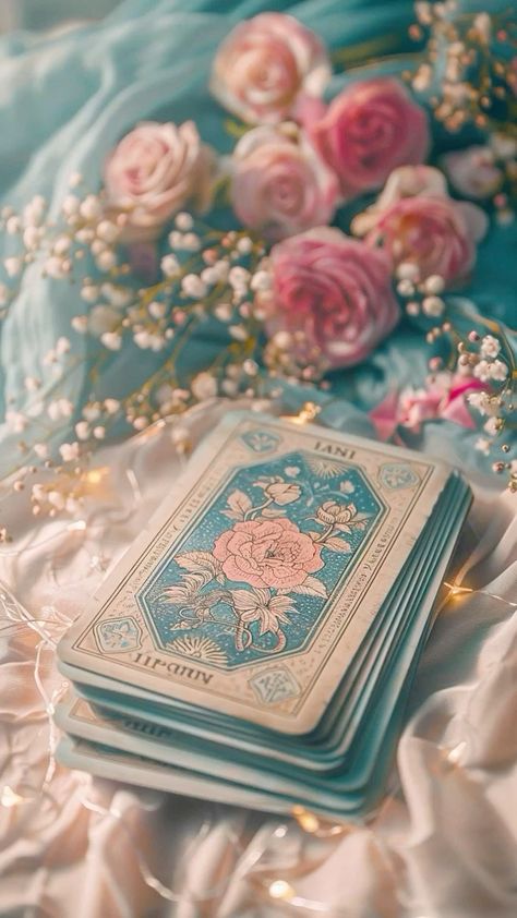 Vintage tarot cards with floral design on satin fabric, surrounded by pink roses and soft fairy lights.