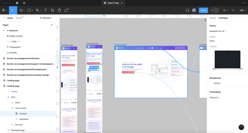 Design software interface showcasing a no-code agency landing page with layout and prototype elements.