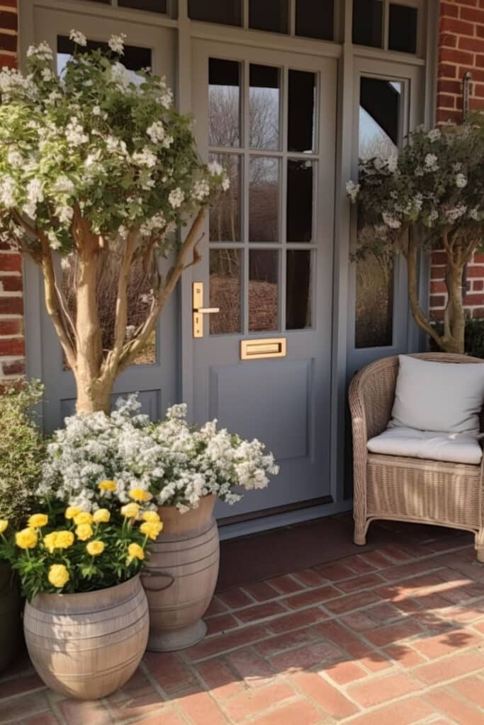 Charming porch with blue door, wicker chair, and vibrant potted flowers including white blossoms and yellow blooms.