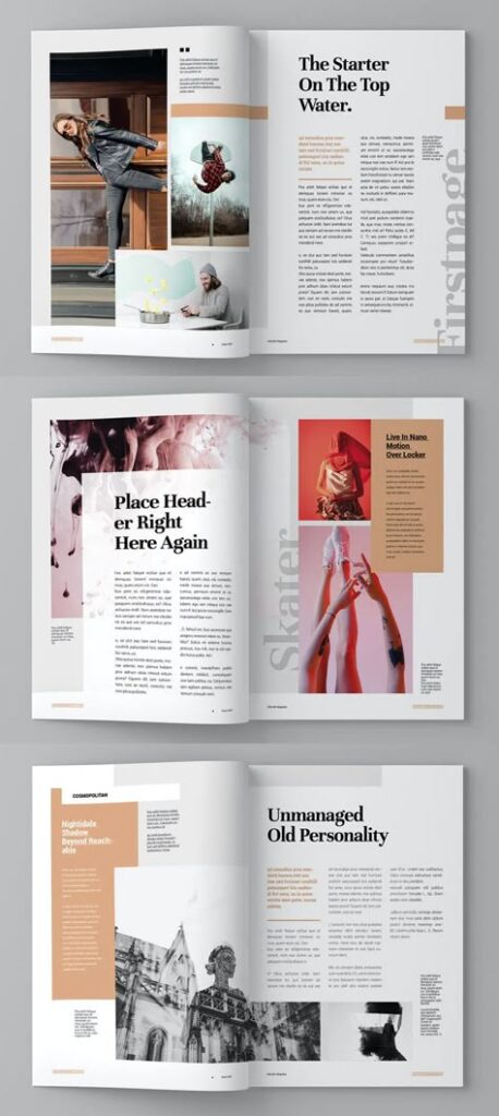 Magazine layout featuring articles, images of people, and varied design elements in a modern, creative style.