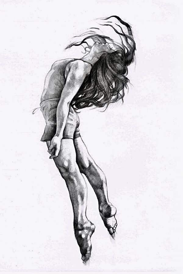 Drawing of a person leaping mid-air, hair flowing, in dynamic motion.