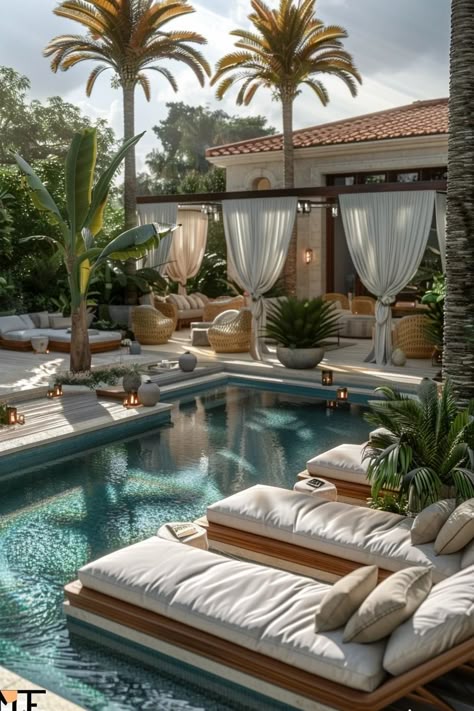 Luxurious poolside oasis with elegant cabanas and plush loungers surrounded by tropical plants and palm trees.