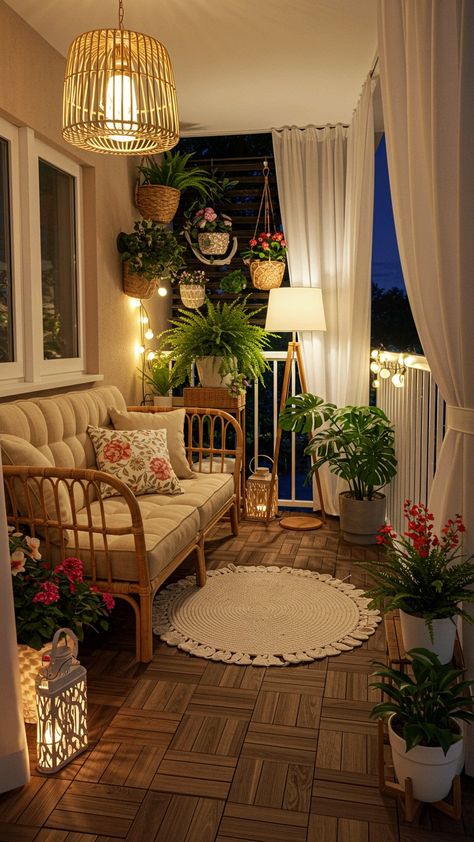 Cozy balcony with rattan furniture, plants, soft lighting, and elegant decor for a relaxing evening ambiance.